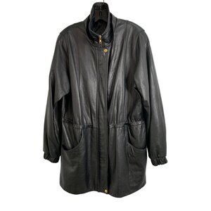 VTG Womens Worthington Size L Lambskin Leather Coat Black EUC Pockets 7025